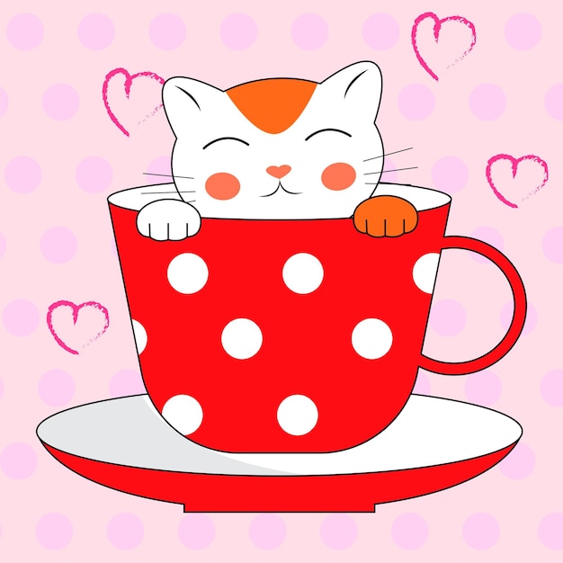 Vecteur personnages mignons de chat blanc dans une tasse de café personnage de dessin animé dans un style doodle illustration vectorielle