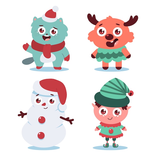 Personnages Mignons De Chat, De Renne, De Bonhomme De Neige Et D'elfe De Noël Sur Fond Blanc.