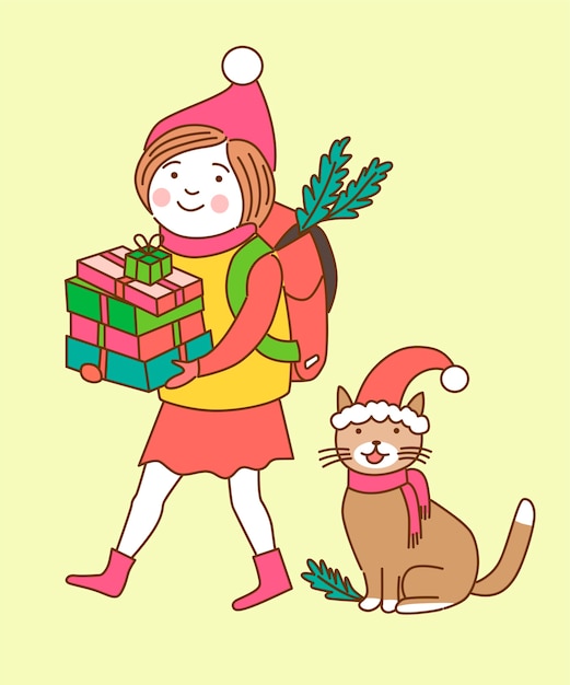 Vecteur personnages de noël fille et chat tiennent des cadeaux colorés, isolés sur fond clair.