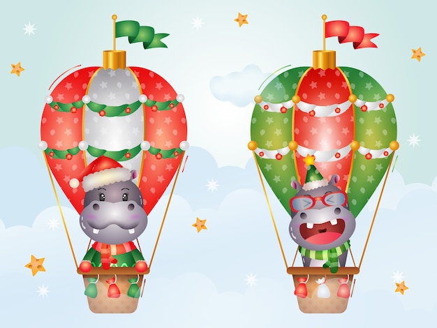 Personnages De Noël Hippopotames Mignons Sur Ballon à Air Chaud Avec Un Bonnet De Noel, Une Veste Et Une écharpe