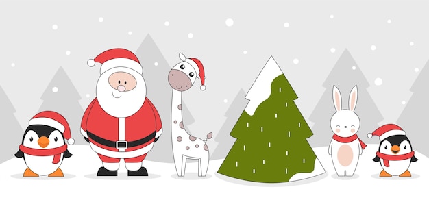 Personnages de Noël mignons Pingouins Père Noël Girafe Lapin et arbre de Noël