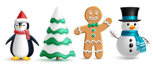 Les personnages de Noël sont conçus comme des personnages vectoriels, des personnages de noël, des pingouins, du pain au gingembre et du bonhomme de neige.