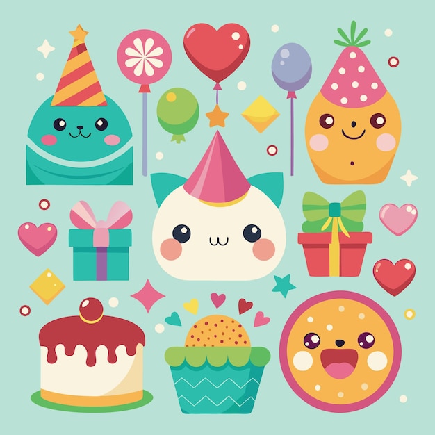 Des personnages et des objets de dessins animés mignons célèbrent un anniversaire avec des chapeaux, des ballons, des cadeaux et du gâteau.