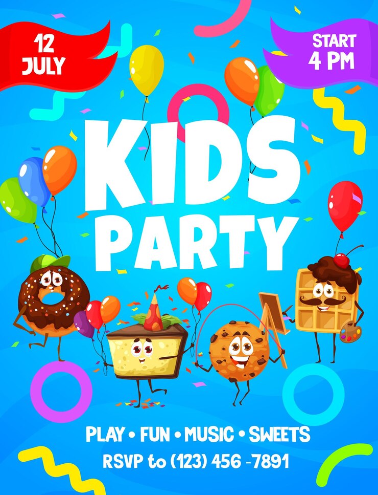Vecteur personnages de pâtisserie de dessin animé de flyer de fête d'enfants