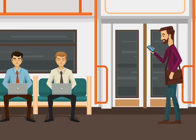 Personnages De Personnes Avec Ordinateur Portable Et Smartphone Dans Le Métro De Train