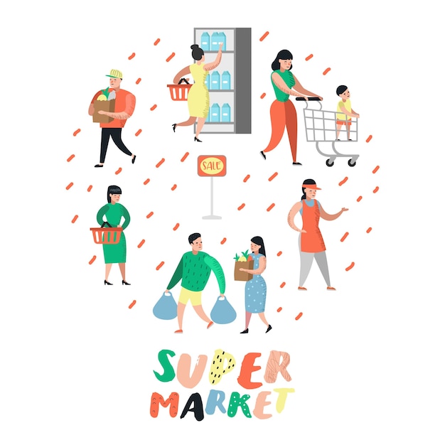 Vecteur personnages de personnes shopping dans un supermarché avec des sacs et des chariots