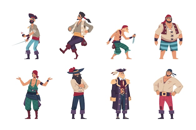 Personnages De Pirates Flibustiers De Dessins Animés Capitaine De Voiliers Et Voleurs De Marine Criminels De Mer Debout Dans Différentes Poses Hommes Barbus Avec Bandanas Et Pansements Oculaires Ensemble De Corsaires Vectoriels