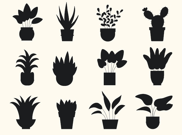 Personnages De Plantes D'intérieur Kawaii Fait Face à Des Silhouettes De Fleurs Modèle Vectoriel Premium