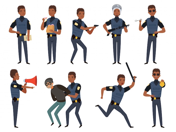 Vecteur personnages de police. les mascottes des agents de sécurité des policiers de la patrouille en action posent des illustrations de dessins animés