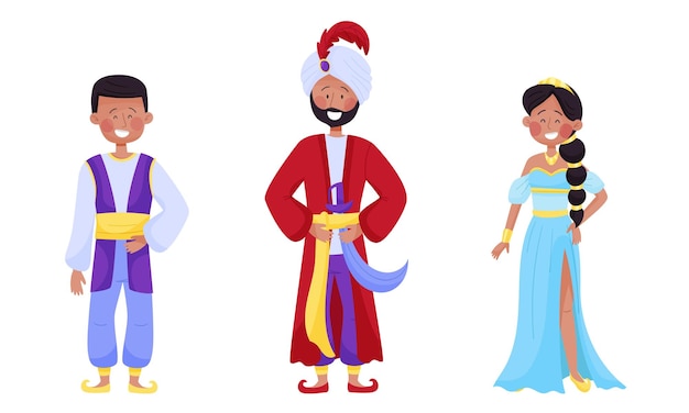 Vecteur personnages portant des vêtements arabes avec une femme en vêtements orientaux et un jeune cheik avec une mandille sur la tête set vectoriel