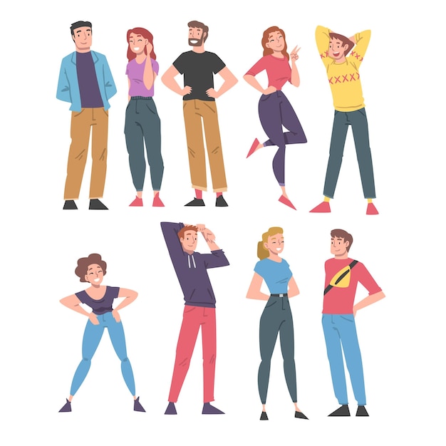 Personnages positifs personnages debout avec des visages souriants se sentant euphoriques et en bonne humeur jeu vectoriel
