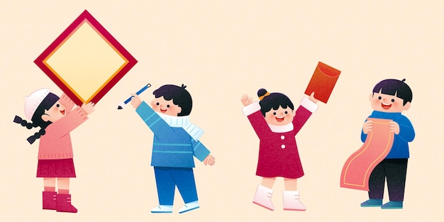 Vecteur personnages pour enfants définis pour cny petits garçons et filles faisant différentes activités lors de la fête du printemps, notamment l'écriture d'un distique suspendu en calligraphie et la réception d'une enveloppe rouge