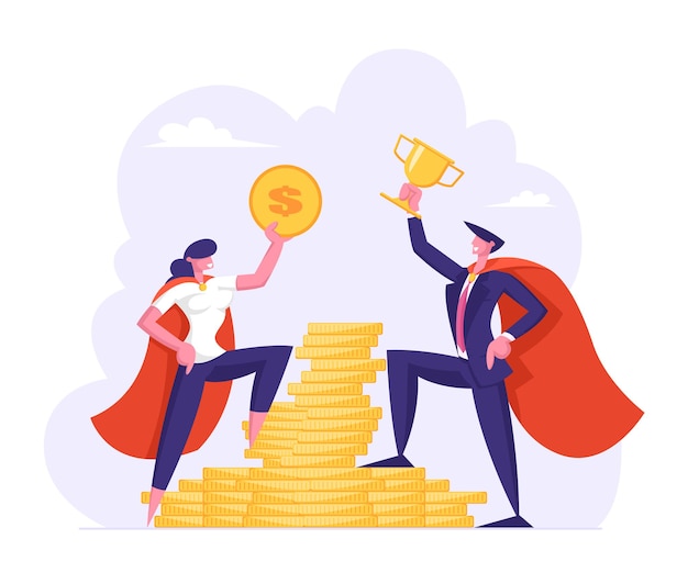 Vecteur personnages professionnels masculins et féminins dans des capes de super-héros détiennent un dollar d'or et une tasse