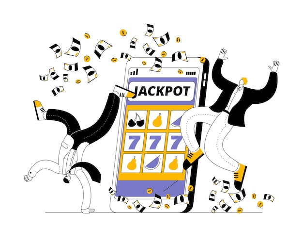 Vecteur les personnages sautent joyeusement à côté du téléphone sur lequel le jackpot est tombé