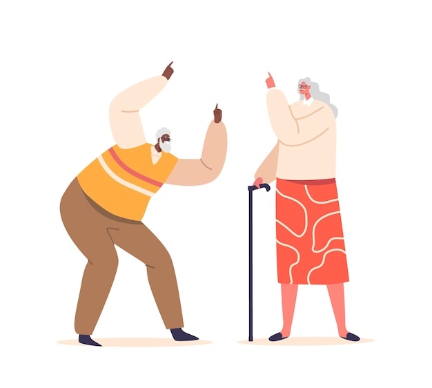 Personnages Seniors Drôles Partageant Des Rires Mettant En Valeur Des Gestes De Pointage Ludiques Et Rayonnant De Joie Contagieuse, Leur Humour Et Leur Camaraderie Illuminent La Pièce Illustration Vectorielle De Personnes De Dessin Animé