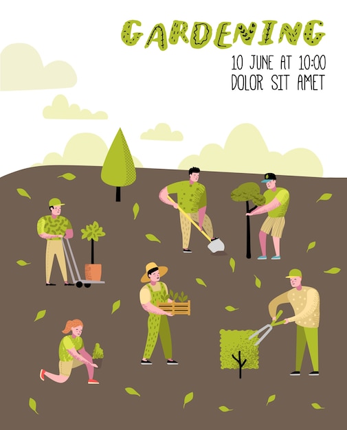 Personnages simples drôles avec des plantes et des arbres