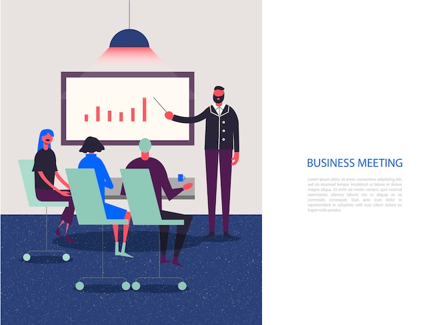 Vecteur personnages stylisés. illustration de l'entreprise. réunion, conférence, analyse, groupe de travail. les gens assis au bureau