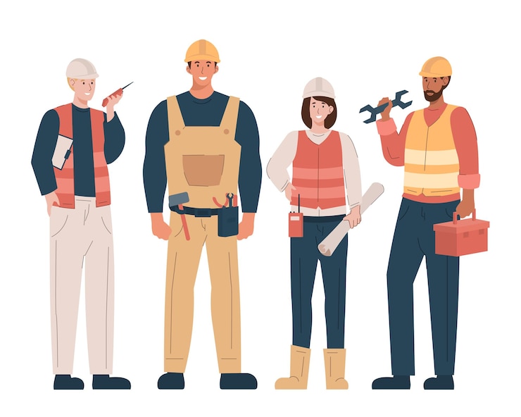 Vecteur personnages de travailleur de la construction avec gilet et casque