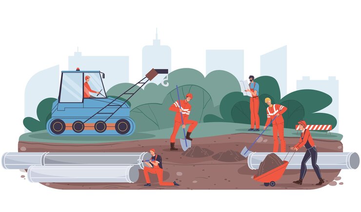 Personnages de travailleurs industriels plats de dessin animé de vecteur aux travaux de construction de pipelines.