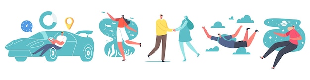 Les Personnages Utilisent Des Lunettes Vr Pour Une Expérience De Réalité Virtuelle Et Augmentée. Hommes Et Femmes à Lunettes Conduisant Une Voiture, Parachutisme, Voyages Sous-marins Dans L'espace Et L'océan, Rencontres. Illustration Vectorielle De Gens De Dessin Animé