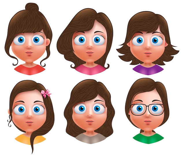 Vecteur personnages vectoriels d'avatar féminin ensemble de tête de filles adolescentes avec une coiffure différente et des visages mignons