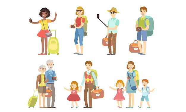 Vecteur les personnages des voyageurs sont des touristes heureux avec des bagages, des hommes, des femmes et des familles avec des enfants en voyage.