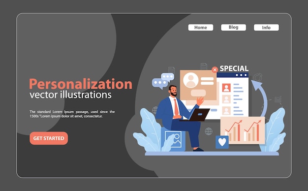 Vecteur la personnalisation dans l'engagement du consommateur définit un homme personnalisant les profils des clients pour un marketing ciblé