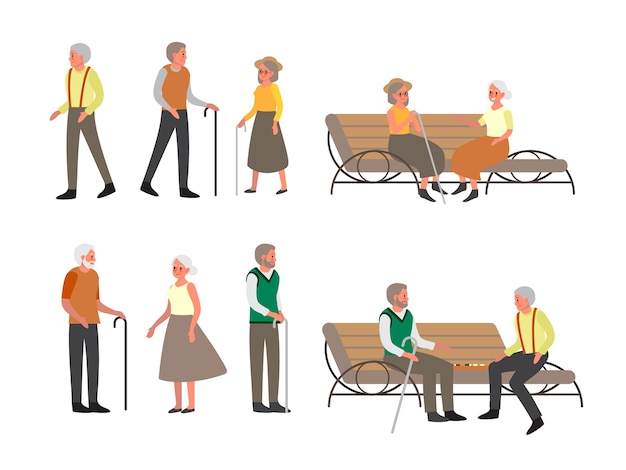 Une personne âgée marche à l'extérieur du plateau. Des personnes âgées assises ensemble sur le banc. Senior homme et femme dans le parc.