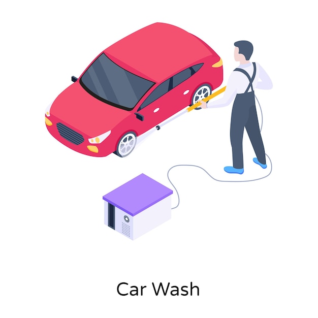 Vecteur personne avec clé et concept de voiture d'icône isométrique d'entretien de voiture