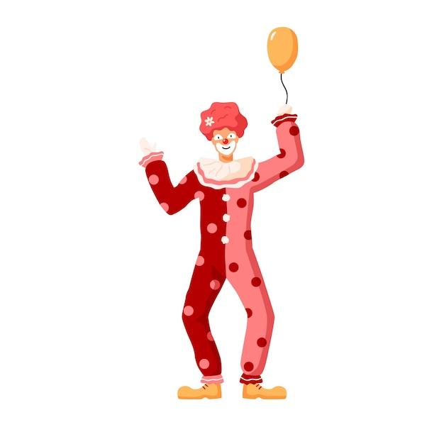 Vecteur personne colorée de dessin animé portant une illustration plate de vecteur de costume de clown. personnage de cirque drôle dans des vêtements lumineux avec ballon à air isolé sur blanc. personne souriante en perruque et peinture à la graisse.