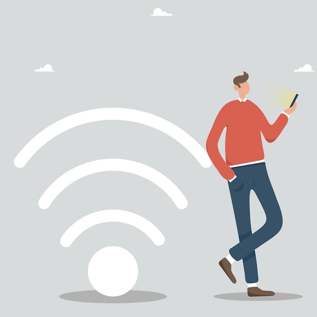 Une personne dans la zone Internet gratuite travaille sur un téléphone, à côté d'un grand panneau Wi-Fi.