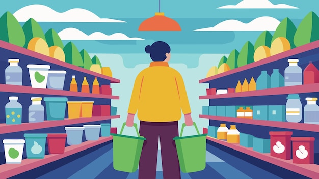 Vecteur une personne debout dans un couloir d'épicerie face à des étagères remplies de produits emballés en plastique