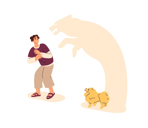 Personne Effrayée Par Un Petit Chien, Un Chiot. Peur Des Animaux Canins, Concept De Cynophobie. Homme Effrayé Souffrant D'anxiété Mentale, De Troubles Psychologiques. Illustration Vectorielle Plane Isolée Sur Fond Blanc.