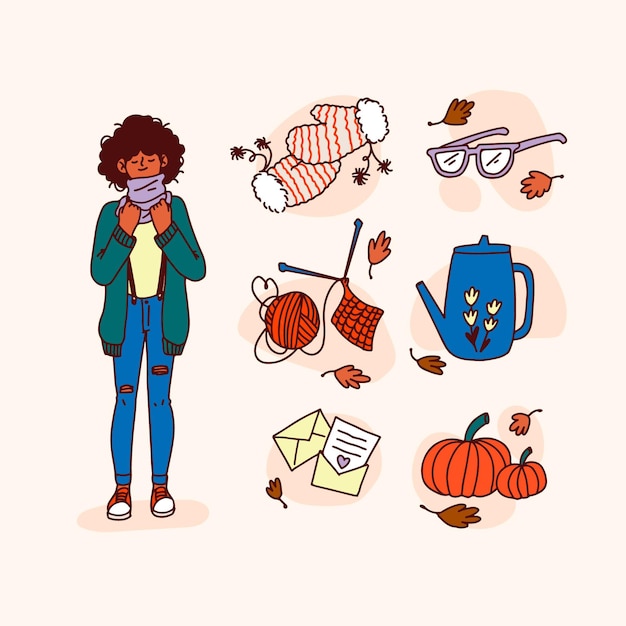 Personne Et éléments D'automne Dessinés à La Main