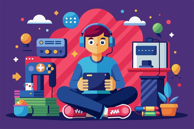 Une personne est assise confortablement à jouer à des jeux vidéo tout en étant entourée de divers gadgets et décorations de jeux.