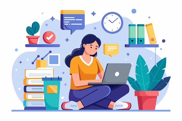 Une personne est concentrée sur la saisie de données à l'aide d'un ordinateur portable dans un espace de travail à domicile rempli de livres et de plantes Faire la saison de données avec une illustration plate