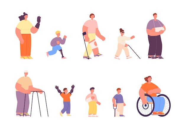 Personne handicapée Handicapé travail étudiant handicapé enfants et adultes Blessure groupe de personnes isolé dessin animé jeune handicap homme absolu ensemble vectoriel