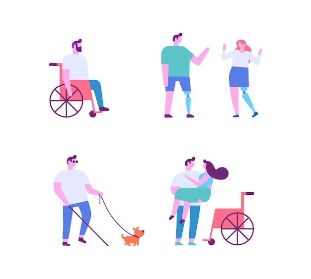 Personne handicapée avec prothèse fauteuil roulant illustration vectorielle plane