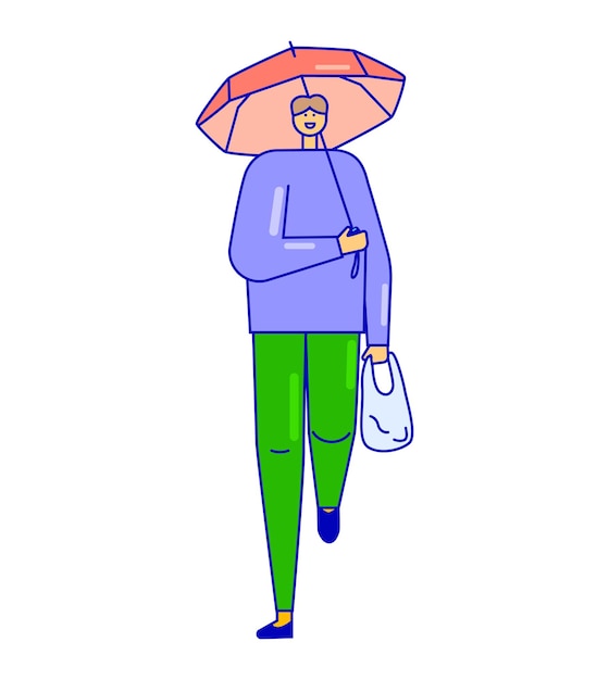Vecteur personne heureuse marchant avec parapluie et sac souriant individu se promener avec la protection contre la pluie