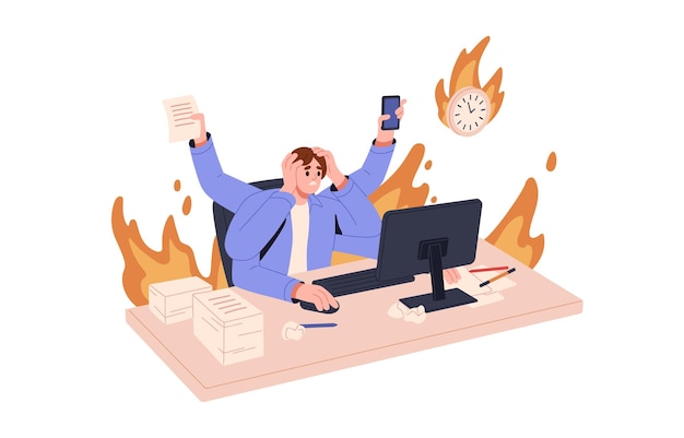 Personne Multitâche Occupée Surchargée En Feu Manquant Les Délais D'affaires Se Dépêchant Avec Des Tâches Brûlantes Concept De Gestion Du Stress Au Travail Et Du Mauvais Temps Illustration Vectorielle Plane Isolée Sur Fond Blanc