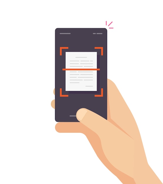 Vecteur personne numérisant un document texte via un vecteur de téléphone portable mobile la conception illustrée reconnaît la numérisation de la photo doc sur l'image de l'application smartphone du téléphone portable