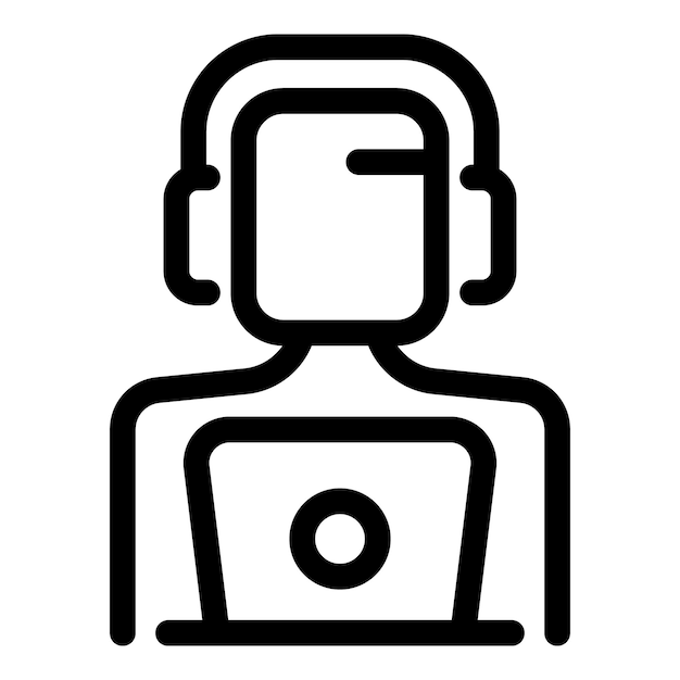 Personne portant des écouteurs travaillant sur un ordinateur portable icône de contour
