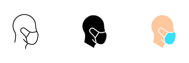 Une personne portant un masque médical Ensemble vectoriel d'icônes dans des styles de ligne noirs et colorés isolés