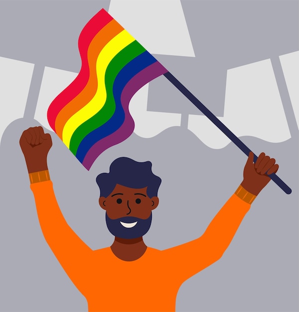 Vecteur personne queer noire avec drapeau arc-en-ciel à l'illustration vectorielle de démonstration lgbt dans un style plat
