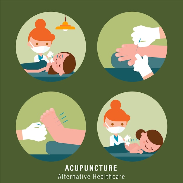 Vecteur personne recevant un traitement d'acupuncture d'un praticien. illustration de soins de santé alternatifs