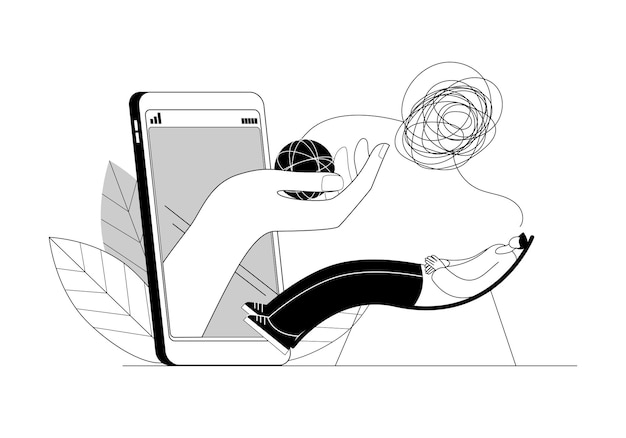 Vecteur une personne réfléchie est assise devant un téléphone portable, plongée dans ses pensées