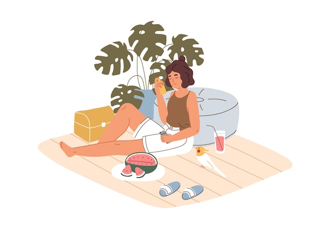 Personne Se Relaxant Avec Un Animal De Compagnie à La Maison Par Une Chaude Journée D'été. Femme Se Refroidissant à L'intérieur Avec Une Boisson Rafraîchissante Et Une Pastèque Dans La Chaleur. Illustration De Vecteur De Dessin Animé Plat Coloré Isolé Sur Fond Blanc.