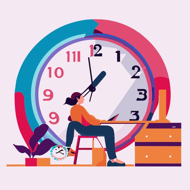 Vecteur personne travaillant sous illustration vectorielle d'horloge géante