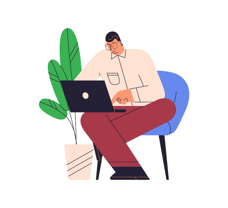 Vecteur la personne travaille avec un ordinateur portable via internet. travailleur indépendant travaillant en ligne. pigiste assis sur une chaise et tapant qch avec un ordinateur sur les genoux. illustration vectorielle plane isolée sur fond blanc