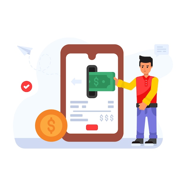 Personne utilisant l'illustration plate de l'application de transaction mobile